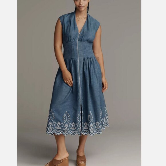 Anthropologie The Tommie Denim Chambray Zip Front Eyelet Trim Dress 2X NWT Blue - Picture 1 of 8